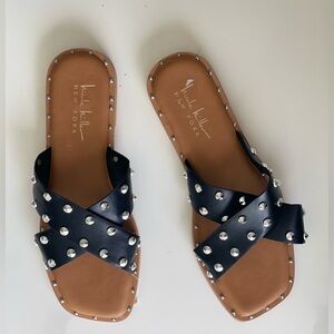 NWT! Nicole Miller New York Black Silver Studded Woman’s Flat Sandal Shoe 6.5